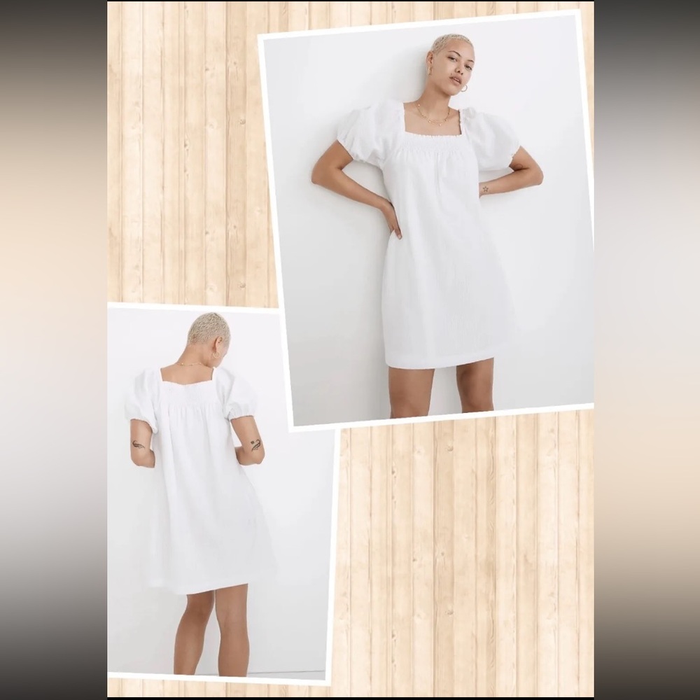 MADEWELL Puff Sleeve A-Line Mini White Seersucker Stripe Dress Size Large NF914